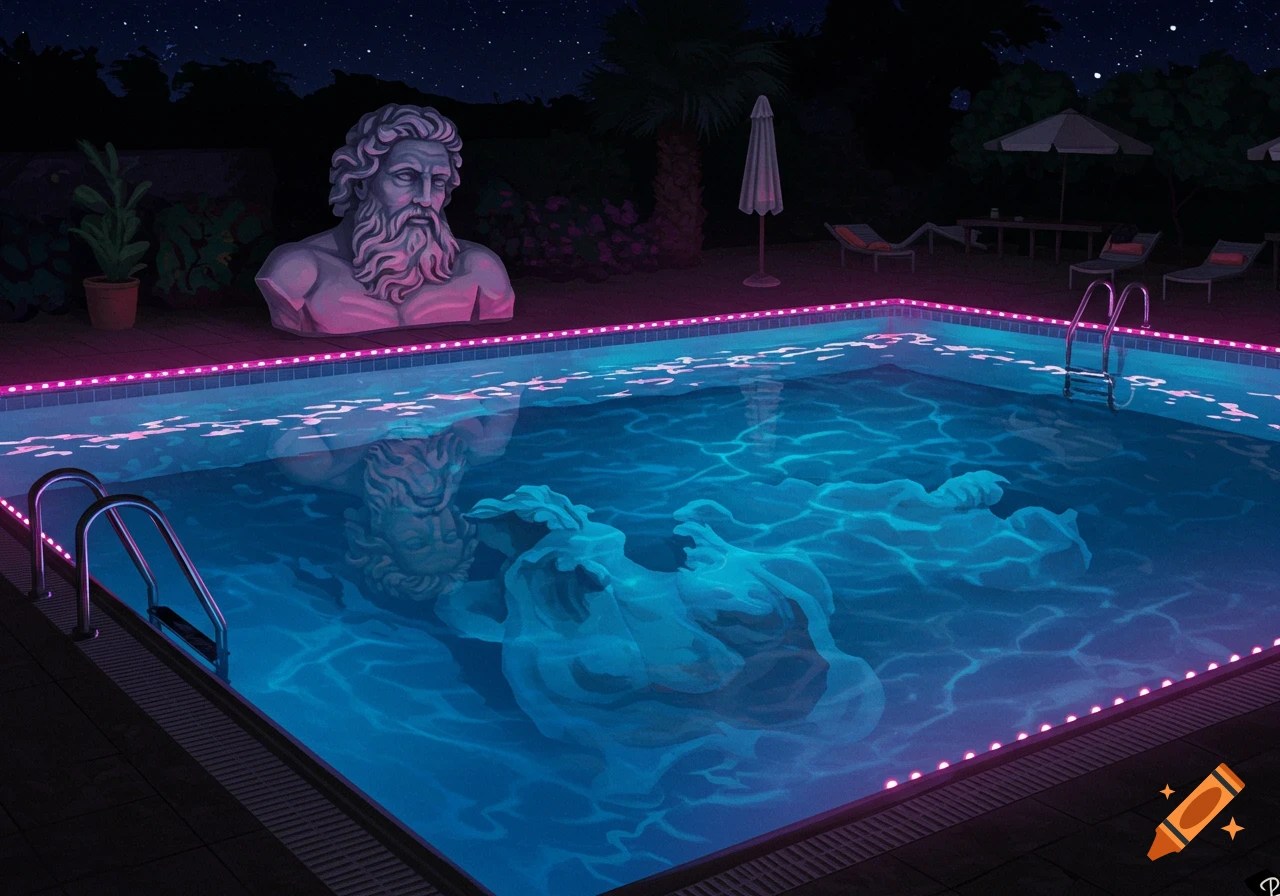 Statue of Poseidon bust beside a neon-lit swimming pool at night, vaporwave style.