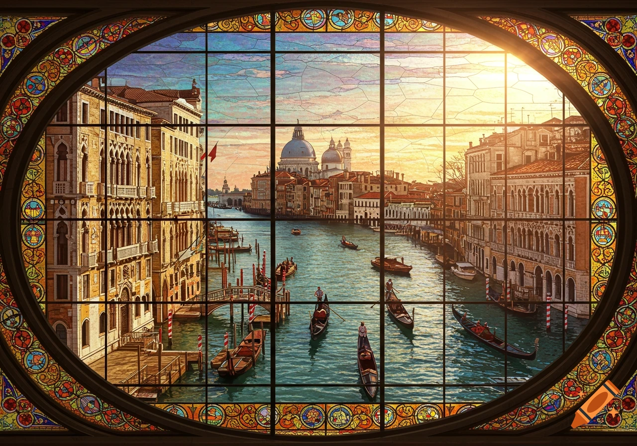 A stained glass window overlooks the Grand Canal in Venice, with boats, buildings, and a dome.