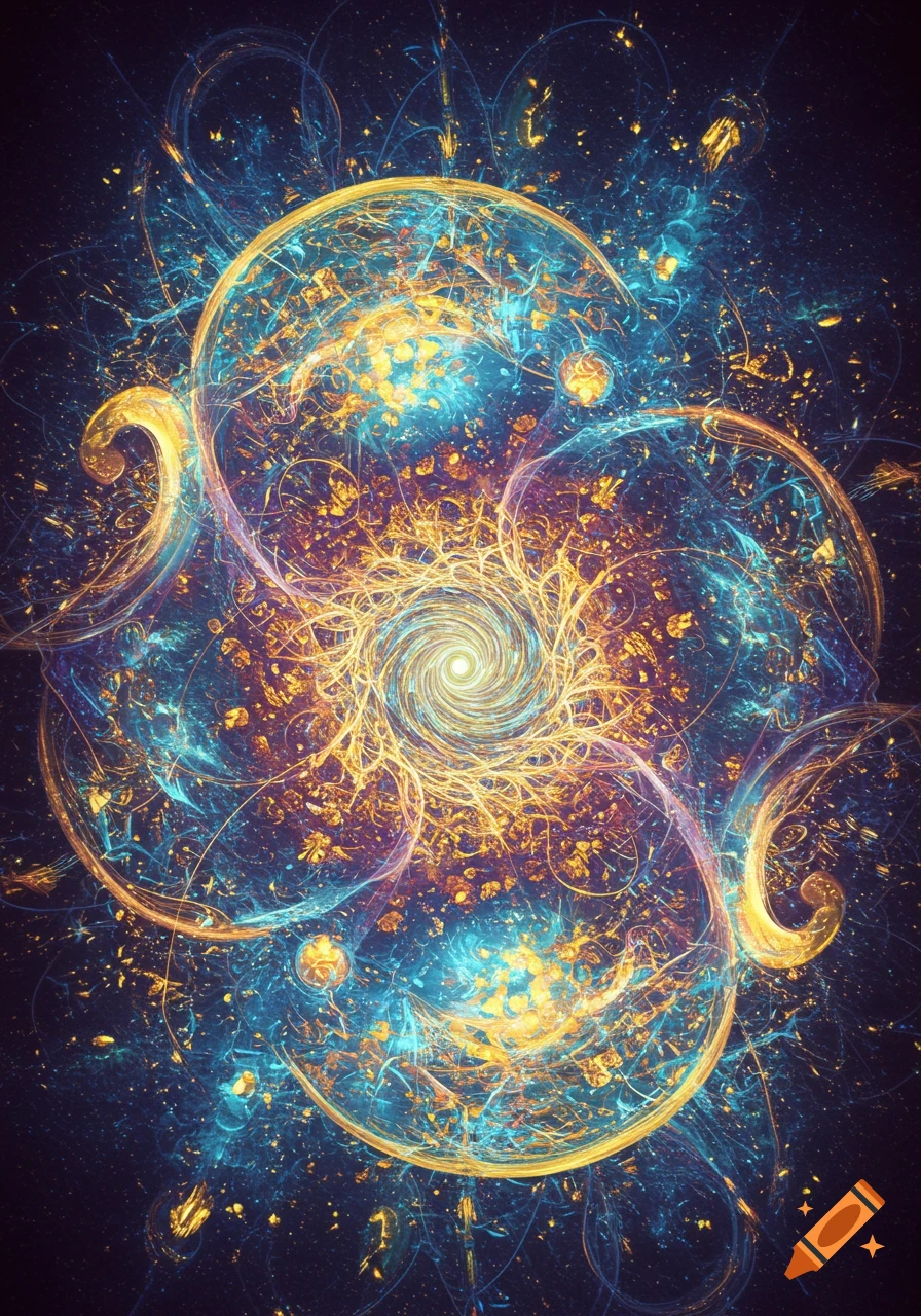 A swirling golden and blue abstract fractal pattern