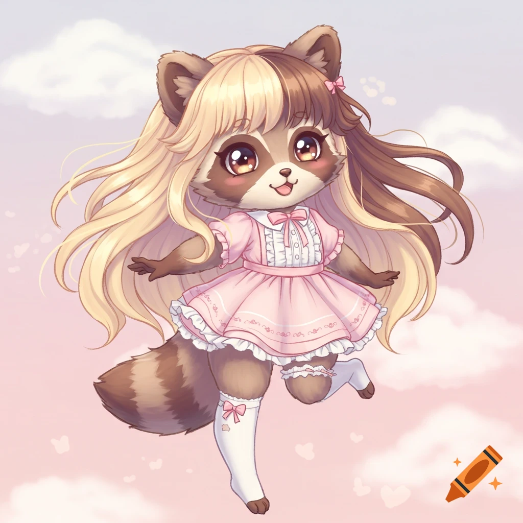 Cute anime raccoon character with blonde and brown hair in a pink dress, floating in a pink sky