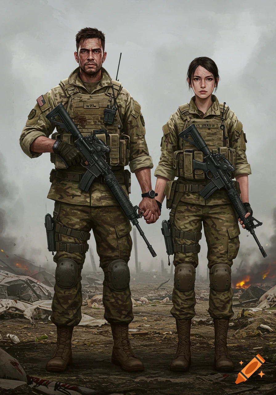 A male and female soldier holding hands on a battlefield.