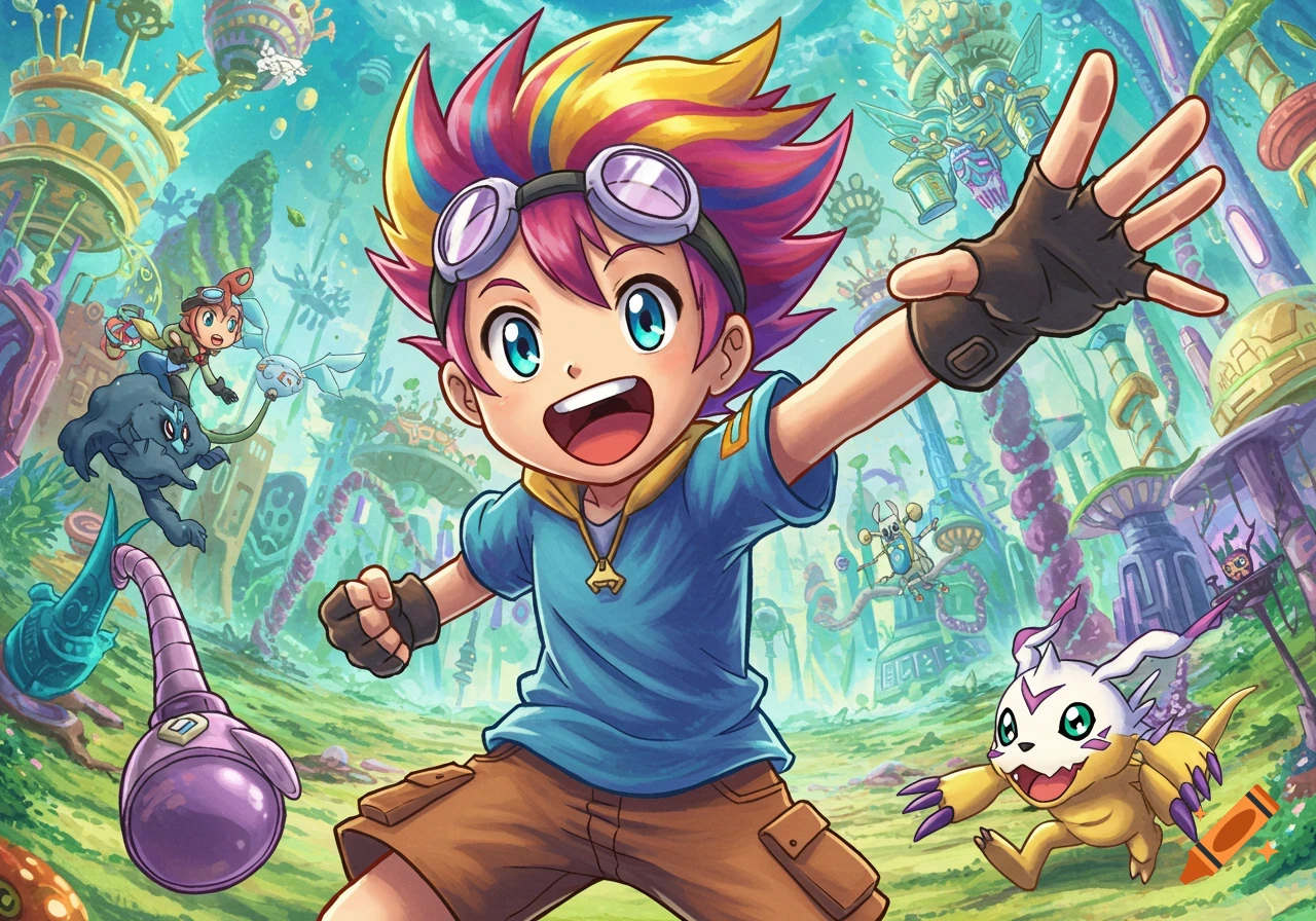 An anime-style boy with colorful spiky hair and goggles reaches out in a vibrant fantasy city with creatures.