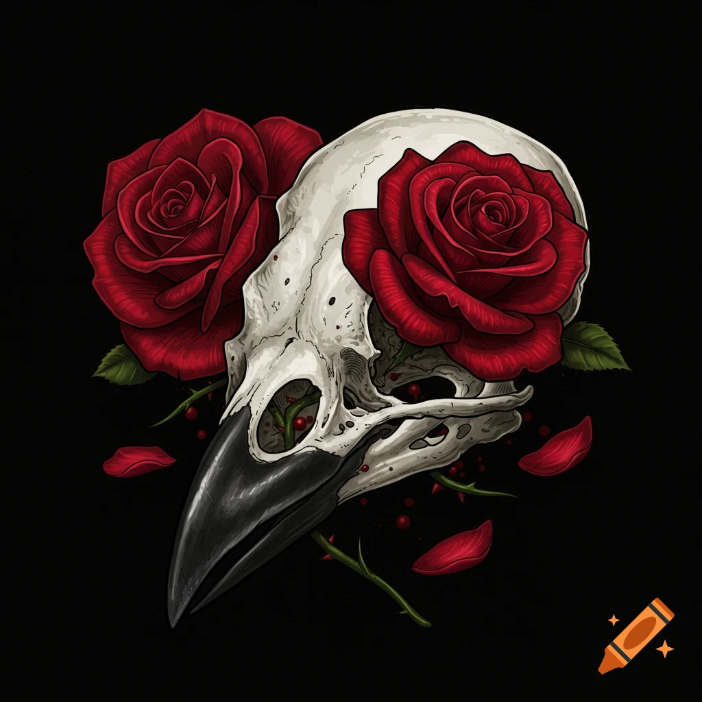 Illustration of a crow skull with vibrant red roses emerging from its eye sockets, set against a black background.