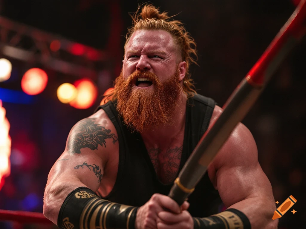 Muscular wrestler with red beard and tattoos holding a weapon in a wrestling ring.