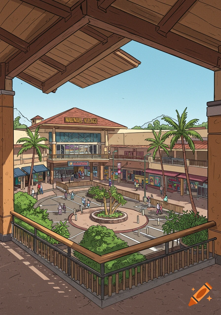 An illustration of an open-air mall courtyard with shops, people, and palm trees, viewed from an upper level.