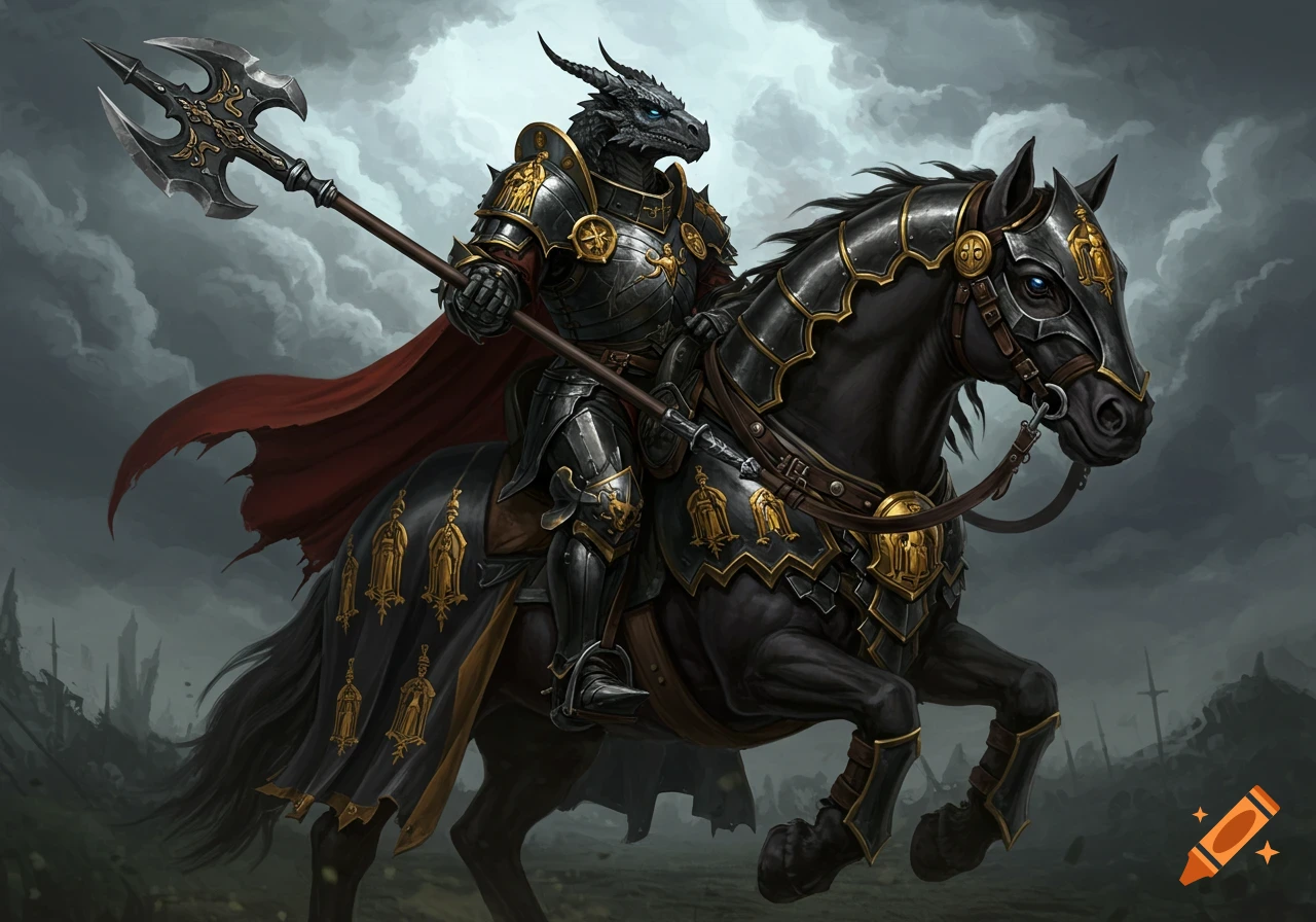 Dragonborn knight in black and gold armor rides a black armored horse, holding a halberd, cloudy fantasy landscape.