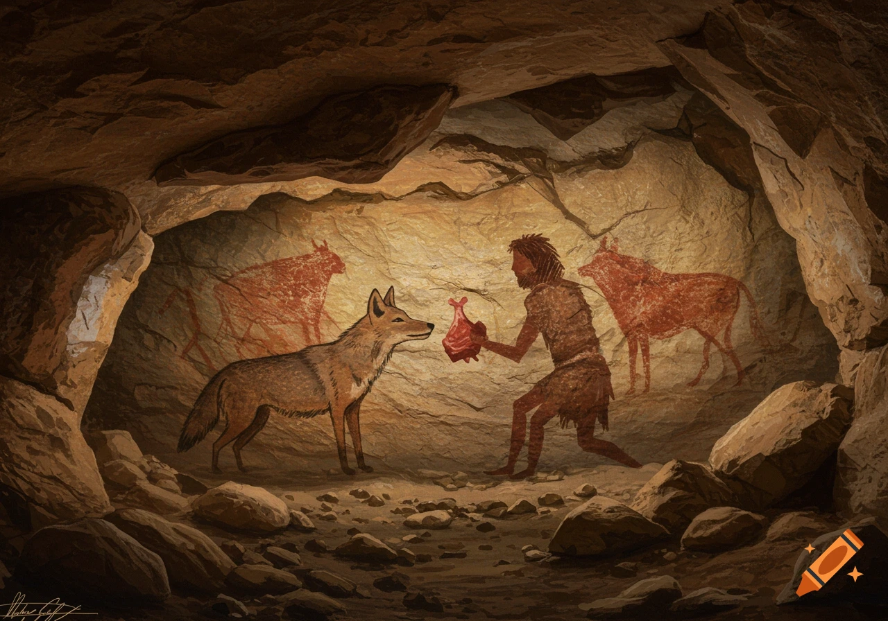 A Paleolithic style cave painting depicts a human kneeling, offering meat to a coyote, with red animal figures painted on the cave wall.
