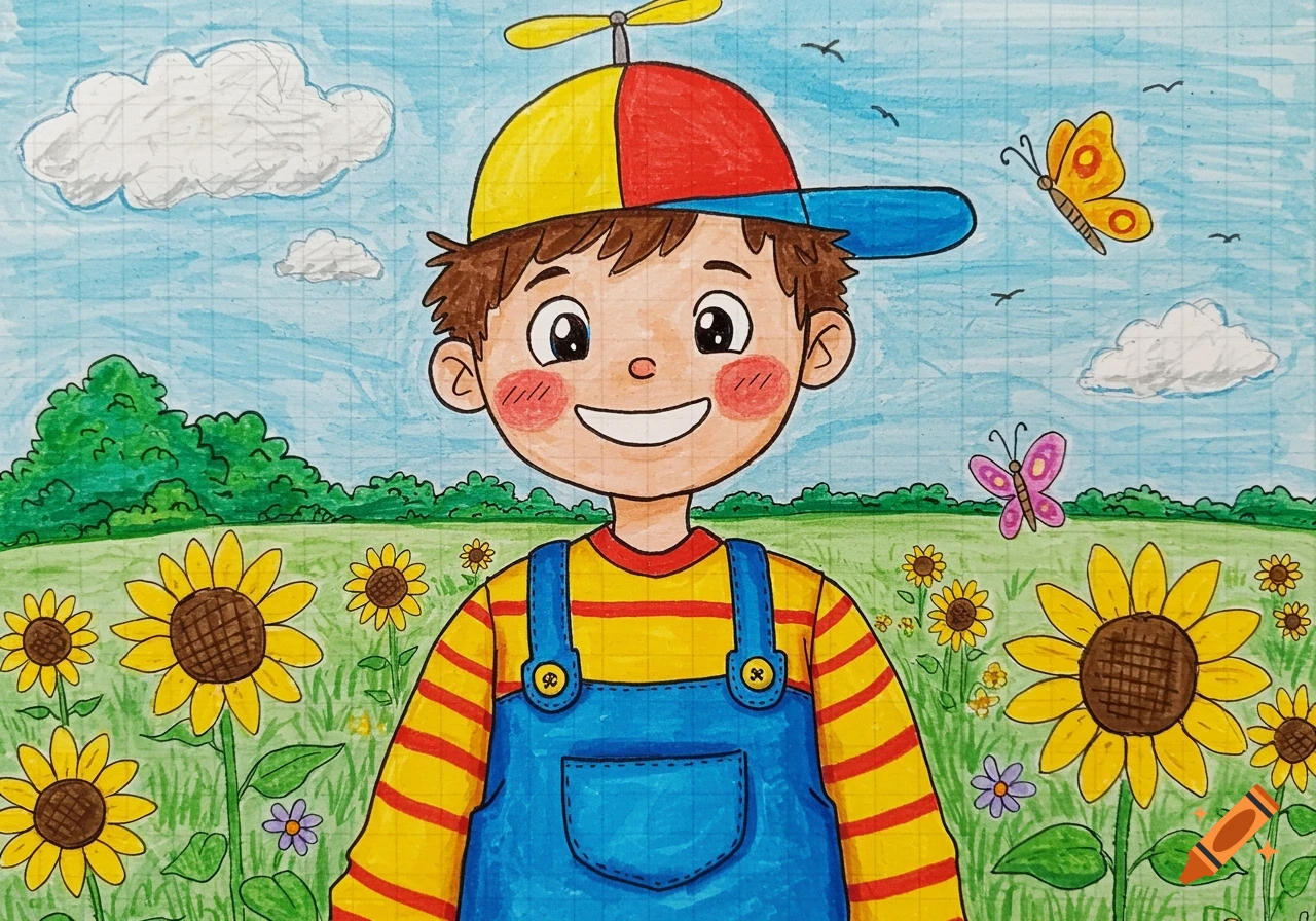 Kid's drawing of a happy boy in overalls and a propeller hat standing in a field of sunflowers with butterflies.
