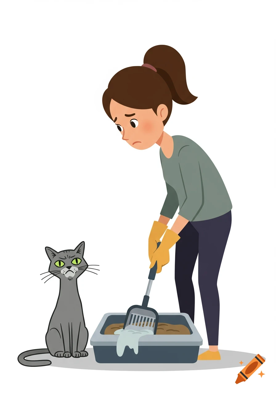 Cartoon illustration of a woman cleaning a cat litter box watched by a grumpy cat.