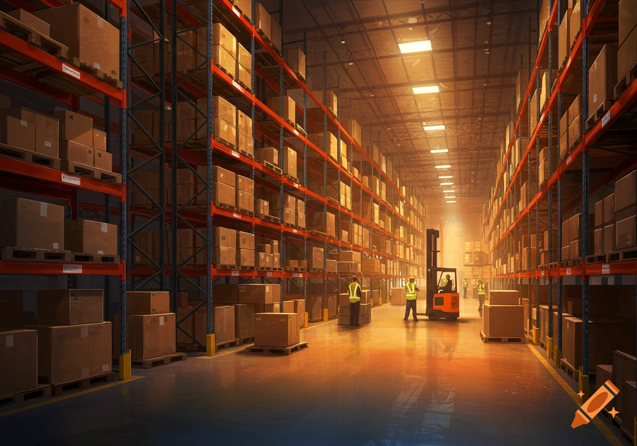Inside a busy warehouse with towering shelves stacked with boxes, workers, and a forklift on the floor.