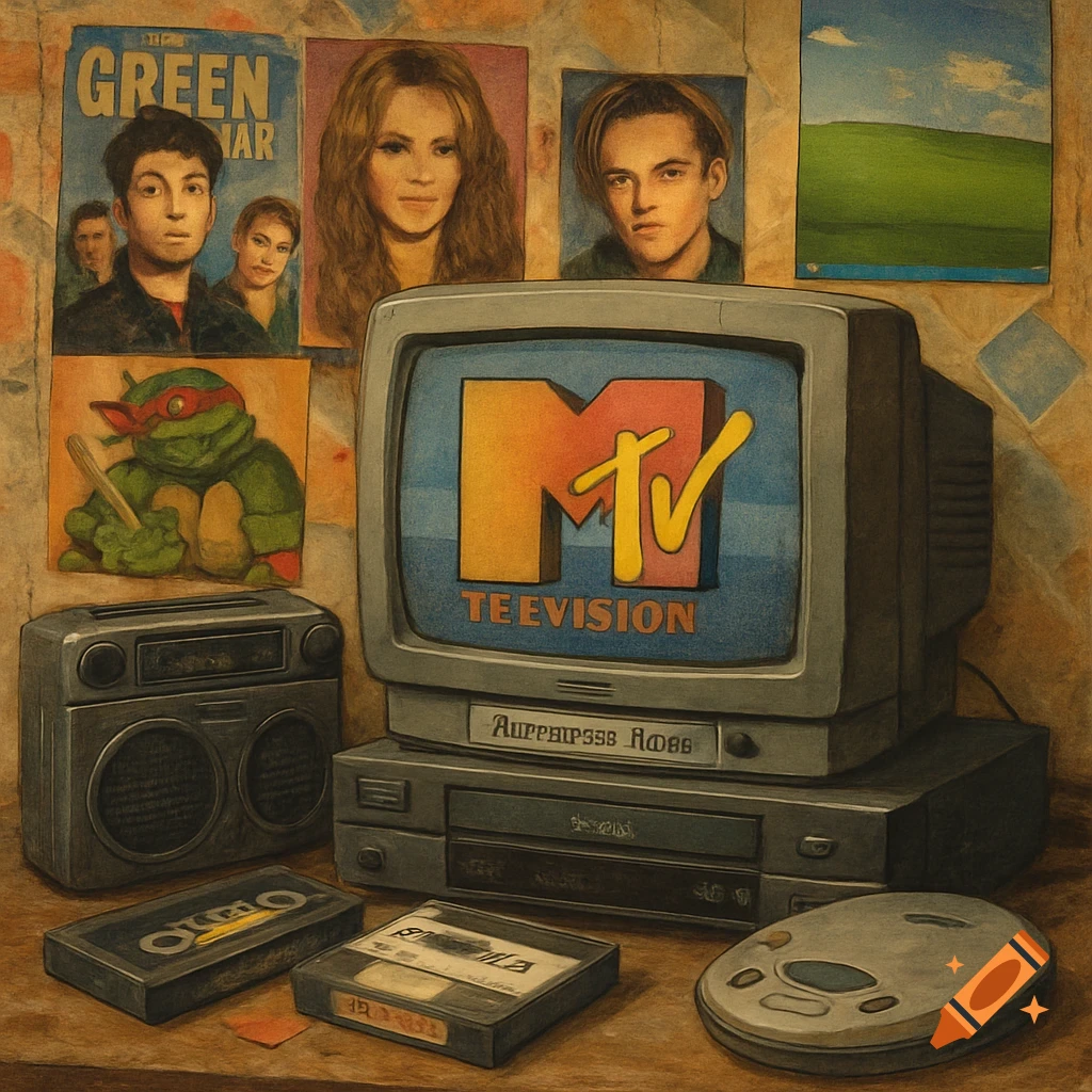 A vintage collage features an old CRT television displaying the MTV logo, a VCR, cassette tapes, a boombox, and posters of celebrities and a Teenage Mutant Ninja Turtle, in a textured style.