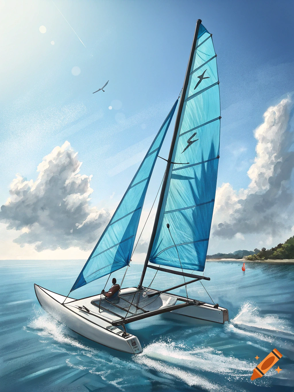Illustration of a person sailing a catamaran on a sunny day