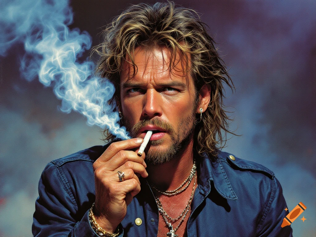 Close-up dramatic portrait of a man with long hair smoking a cigarette