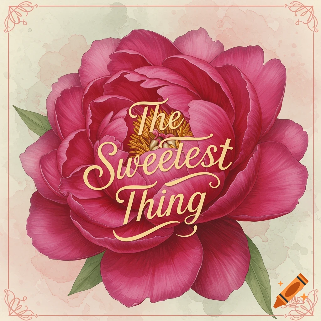 Illustration of a pink peony flower with the text 'The Sweetest Thing' in a decorative border.