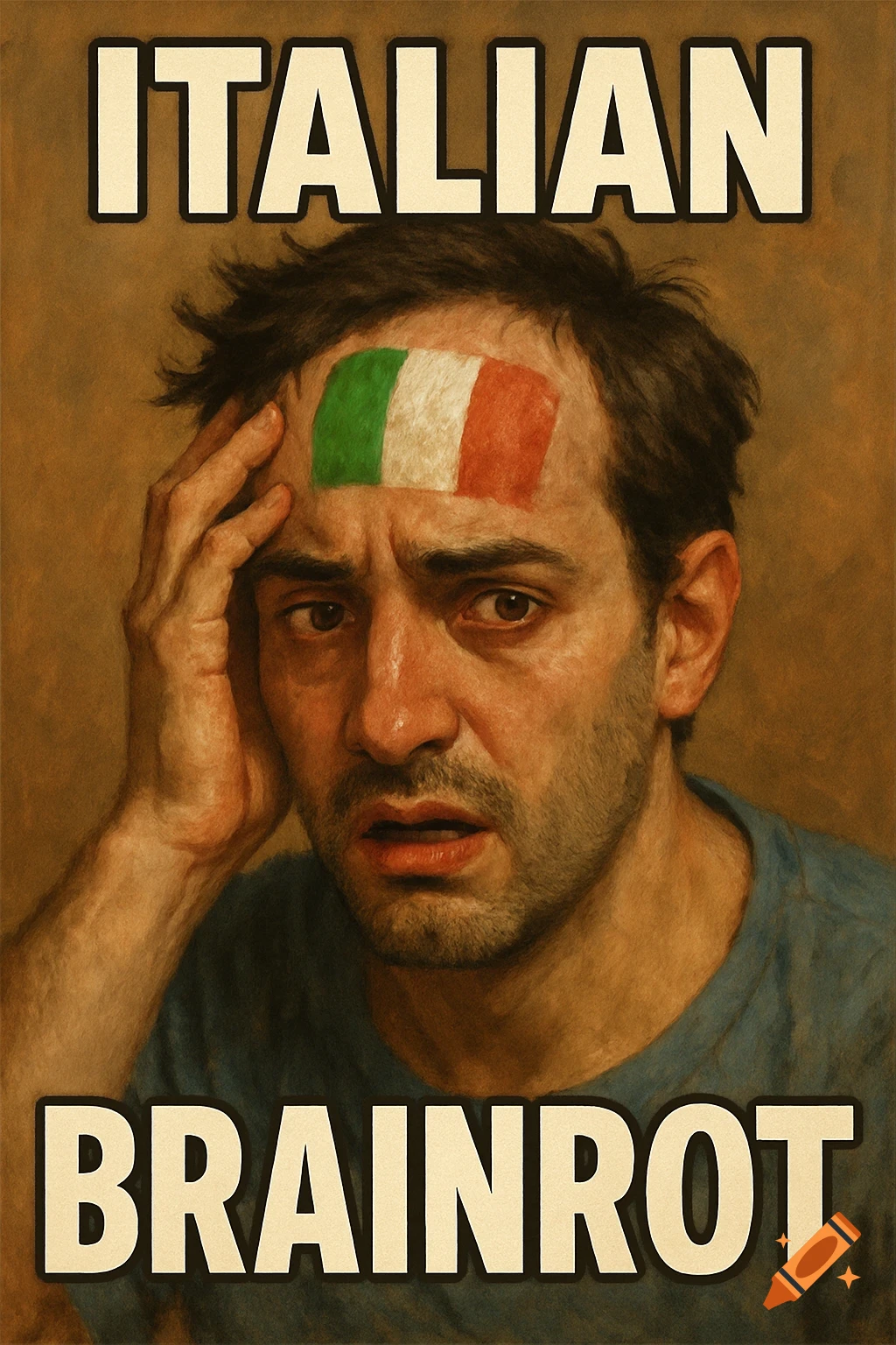 Painting of a distressed man with an Italian flag on his forehead and text 'ITALIAN BRAINROT'.