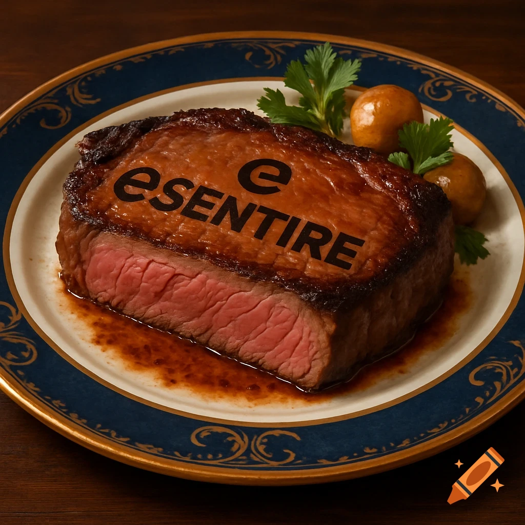Photorealistic close-up of a cooked steak on a fancy plate with the eSentire logo burned on the meat.