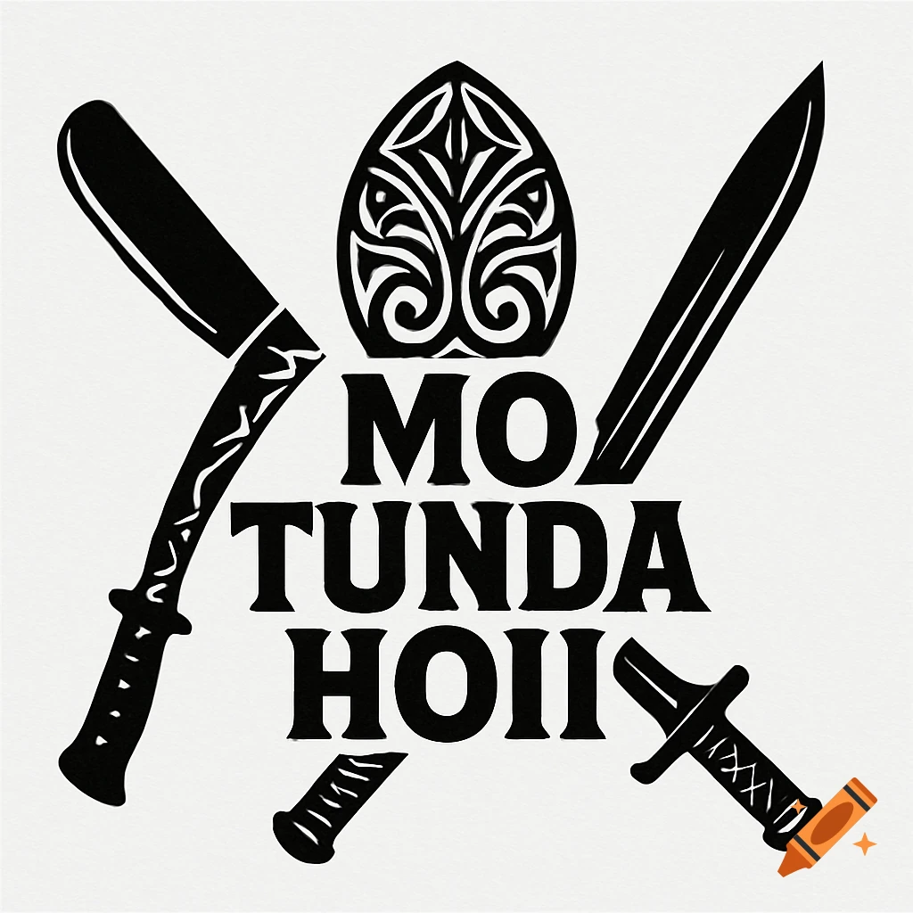 Black and white logo with tribal design shield shape above text "MO TUNDA HOII" crossed by a machete and a sword.
