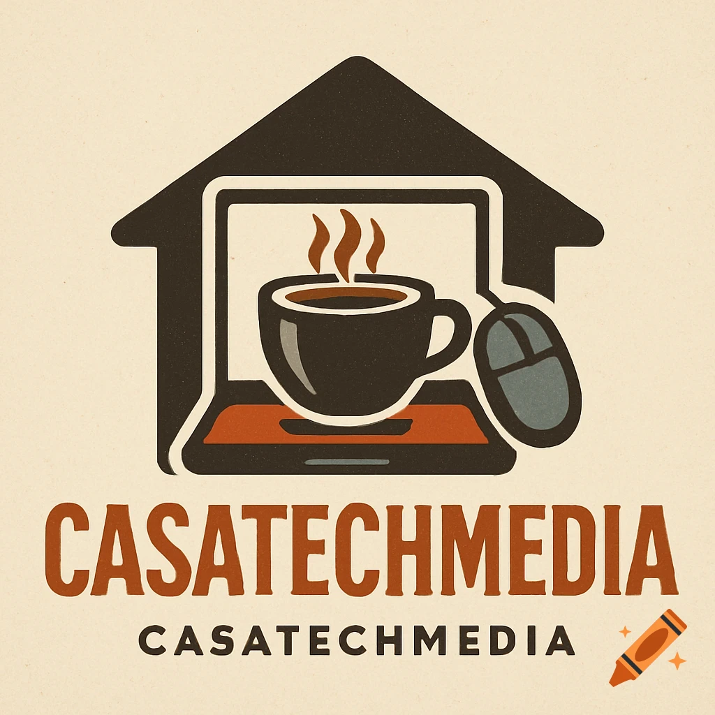 Logo design featuring a house outline, a laptop with a coffee cup and steam on the screen, a computer mouse, and the text CASATECHMEDIA.