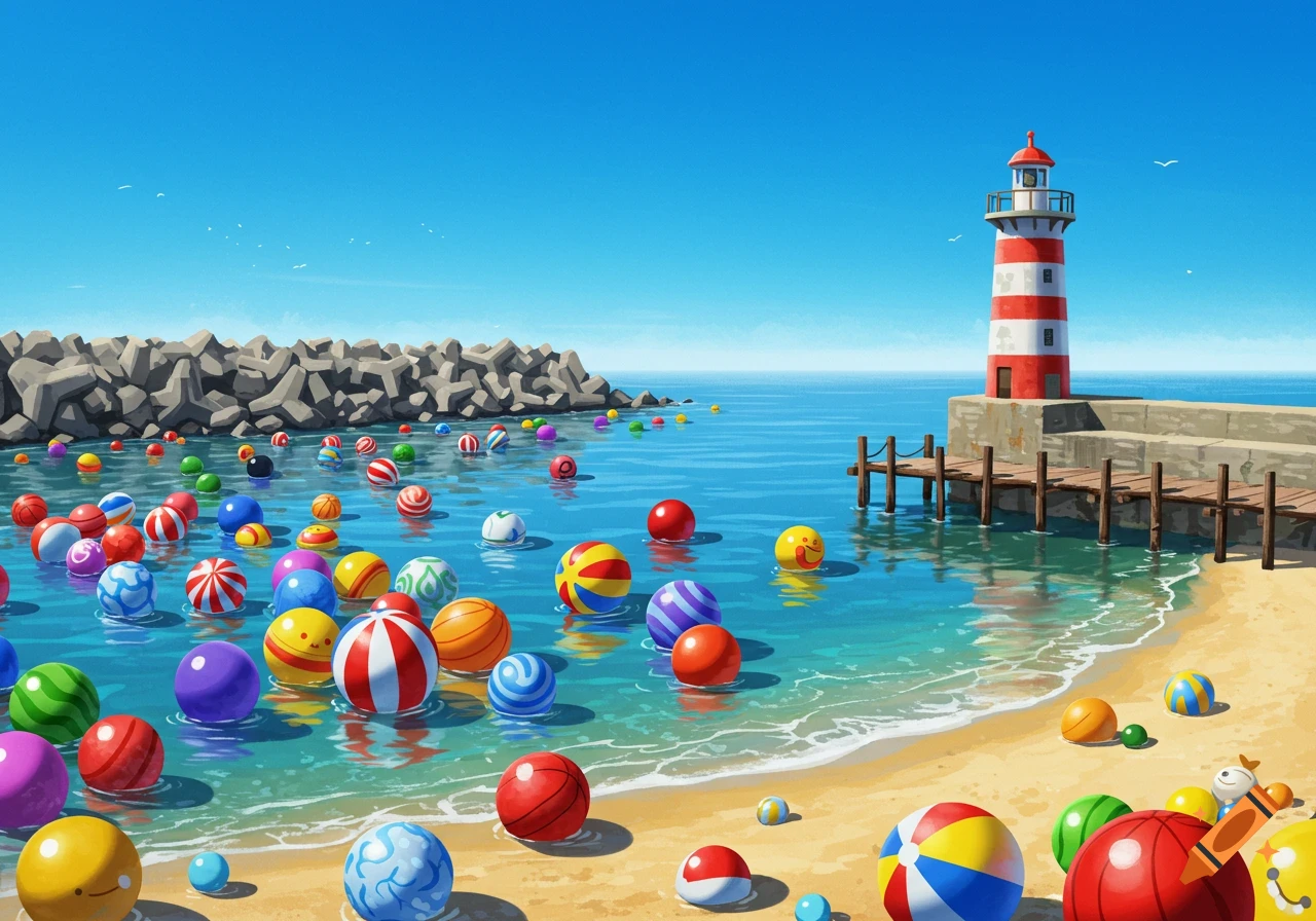 Illustration of a beach with a lighthouse, pier, breakwater, and many colorful balls floating in the water and on the sand.