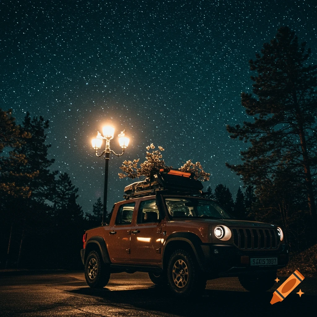 A vehicle is parked under a street lamp at night, with a starry sky in the background.