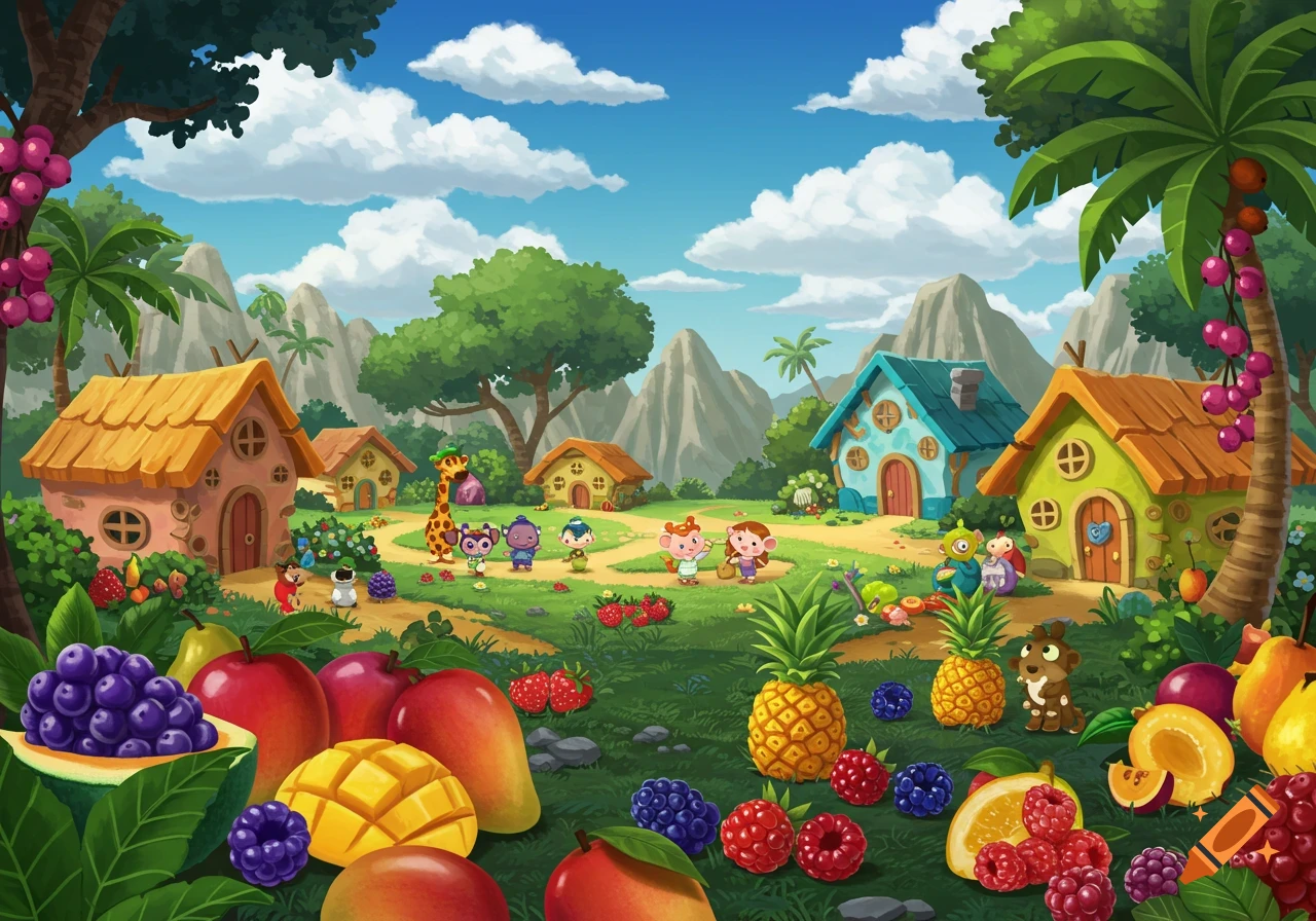 Cartoon utopian village scene with houses, characters, and large tropical fruits.