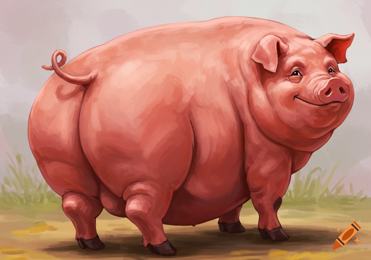 A smiling, plump pink pig stands in a field in a painterly style.