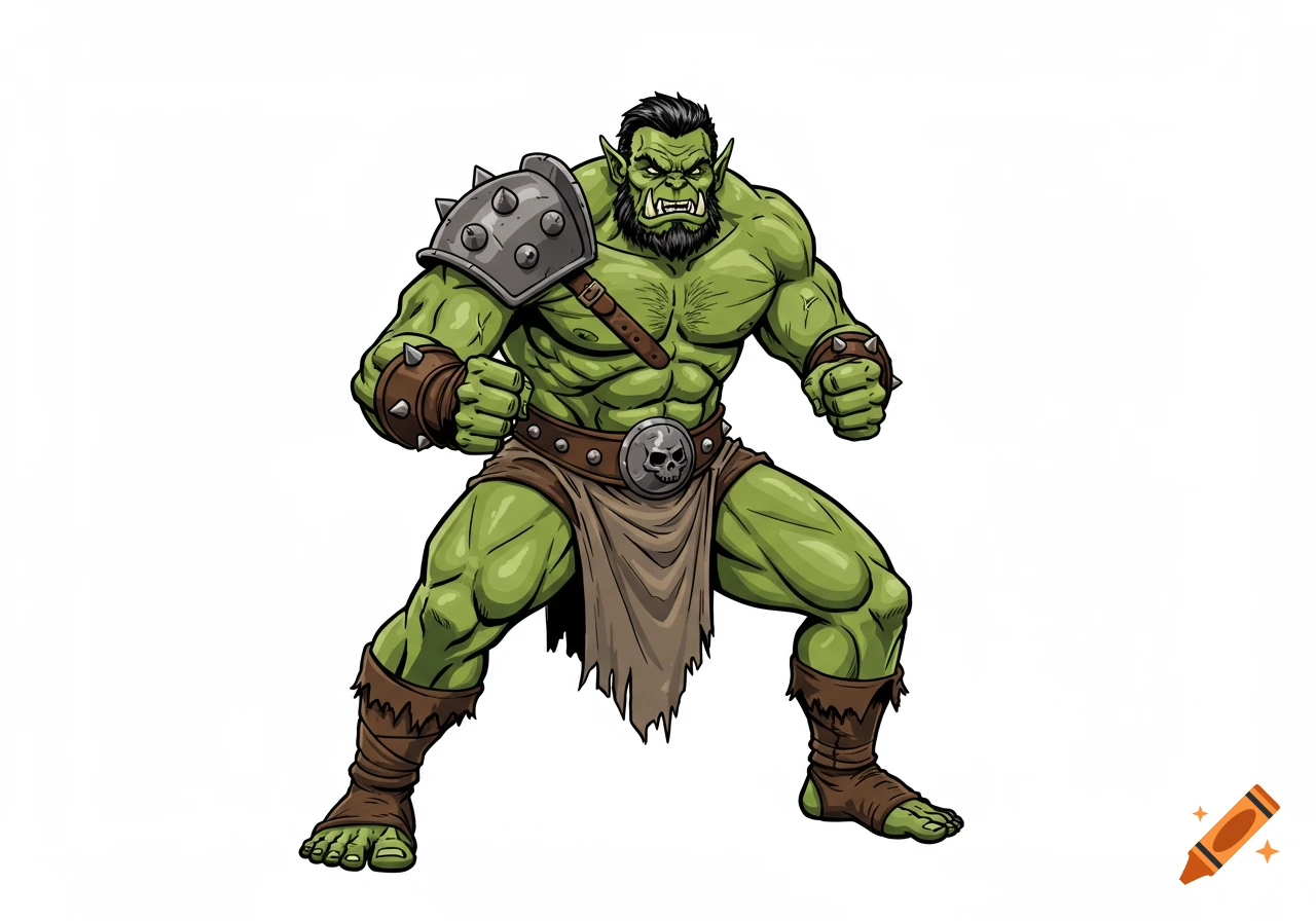 Green orc warrior in comic book style fighting stance