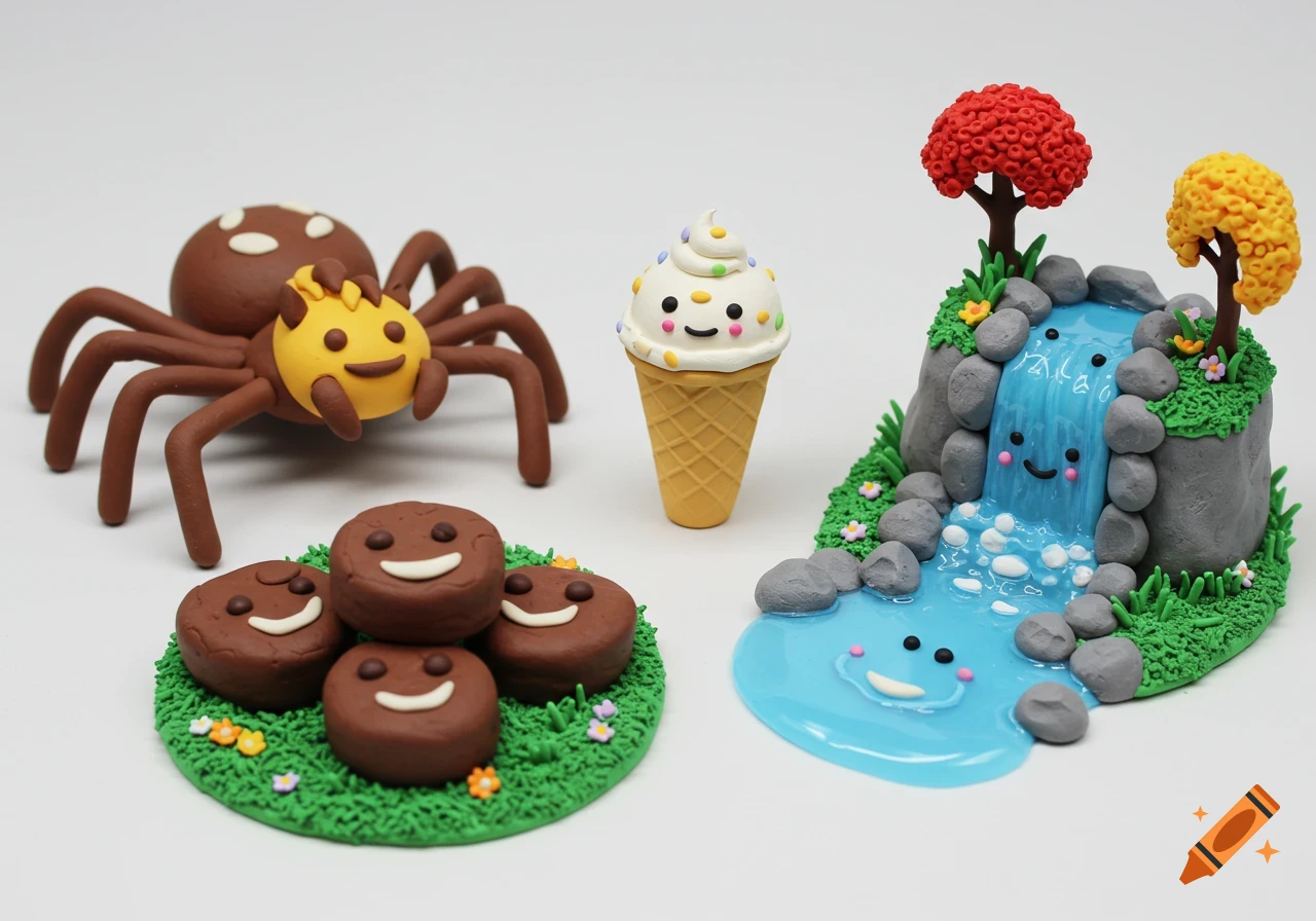 Clay models of a happy spider, ice cream, brownies, and waterfall diorama with happy faces.