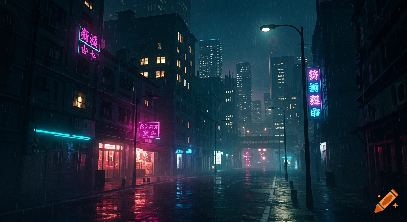 Dark, rainy city street at night with neon signs reflecting on the wet pavement.