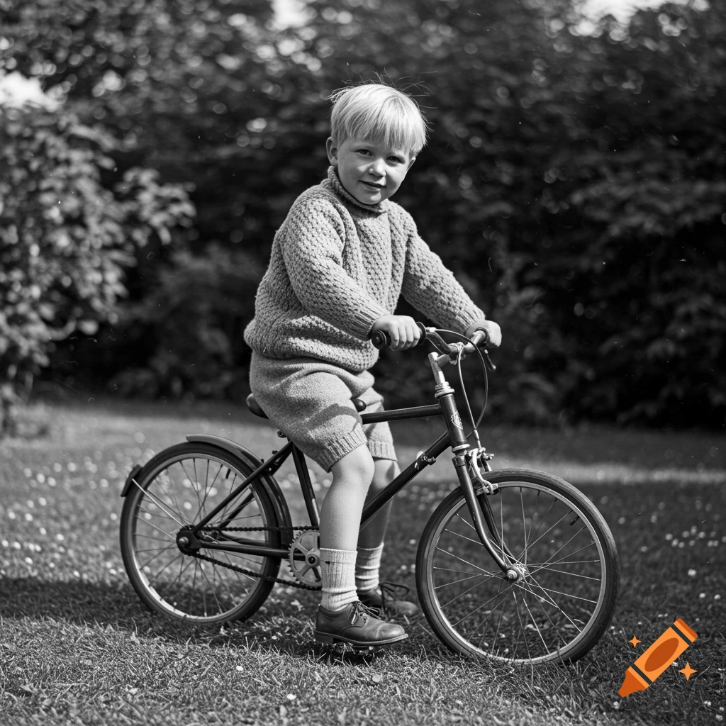 Black and white photo of a young boy on a bicycle in a grassy yard.