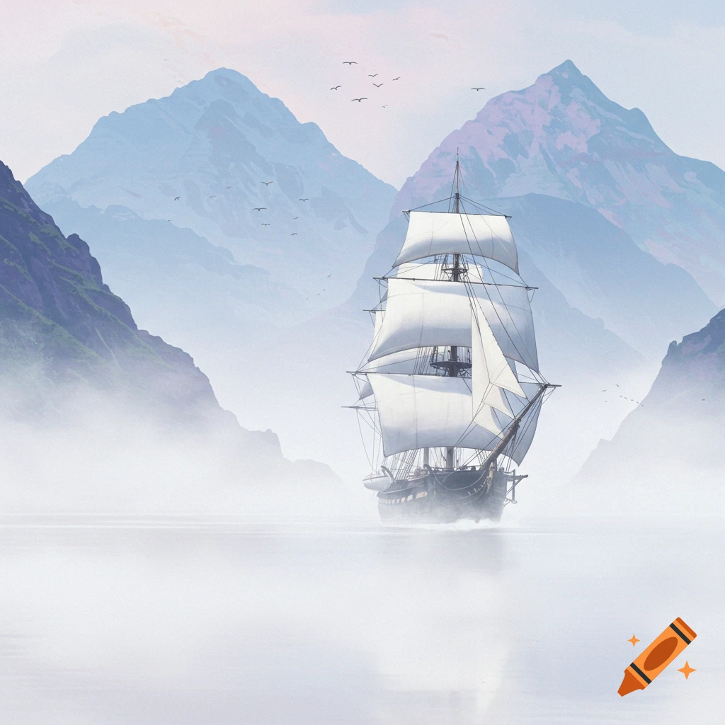 A sailing ship emerges from heavy mist in a mountain range.
