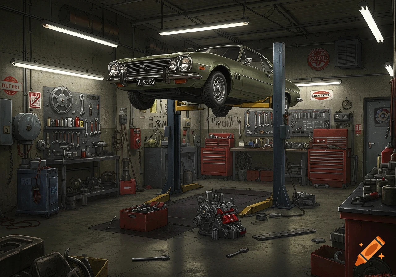 Illustration of a car lifted up in a cluttered mechanical garage.