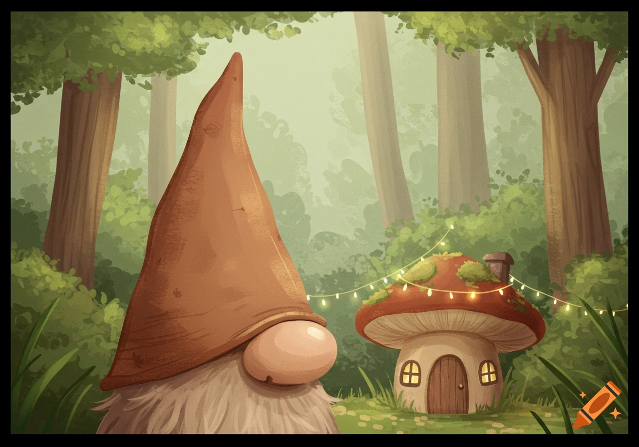 An illustration of a gnome and a mushroom house in a forest with fairy lights.