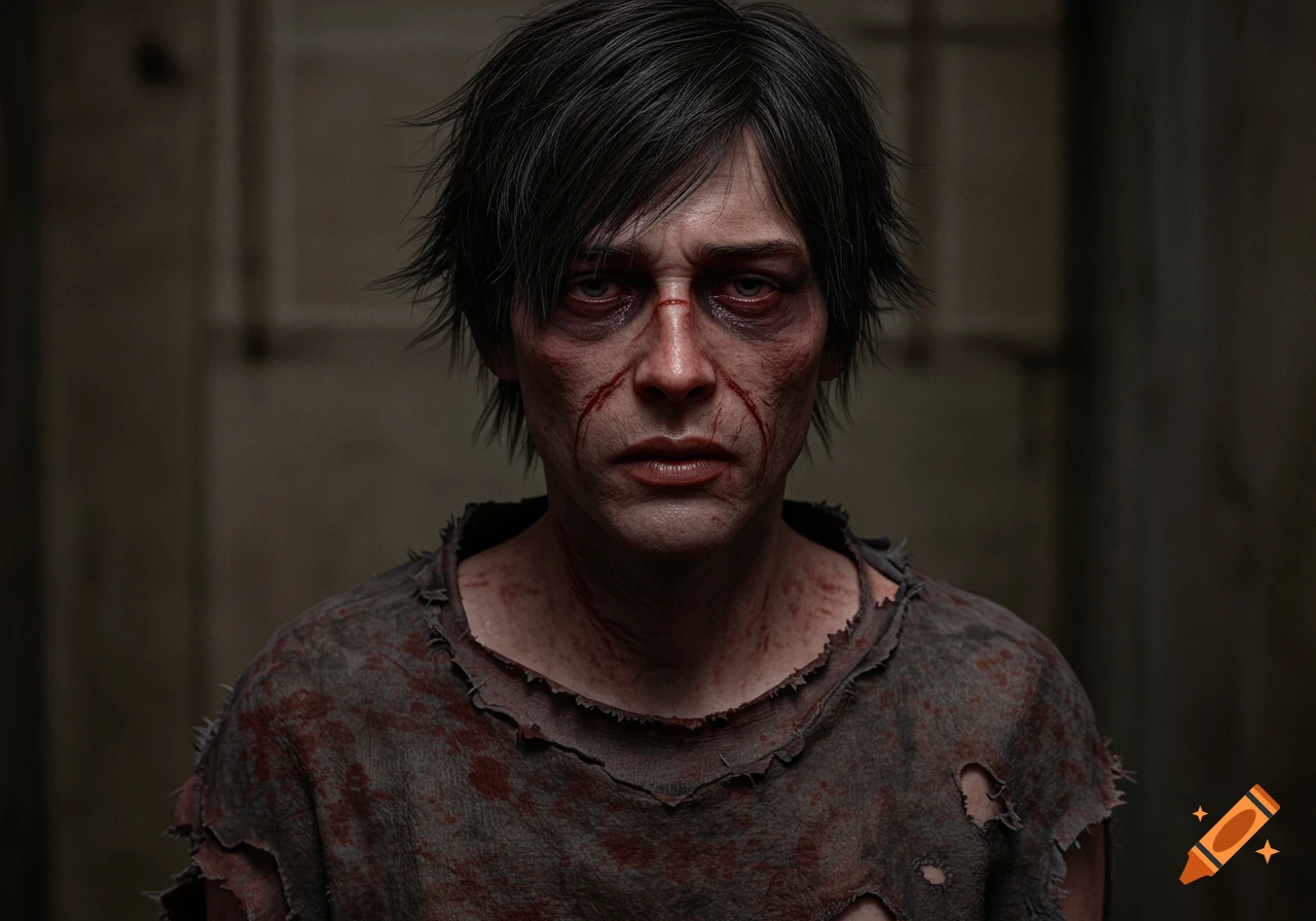 Realistic portrait of a man with cuts and blood on his face and worn clothing.