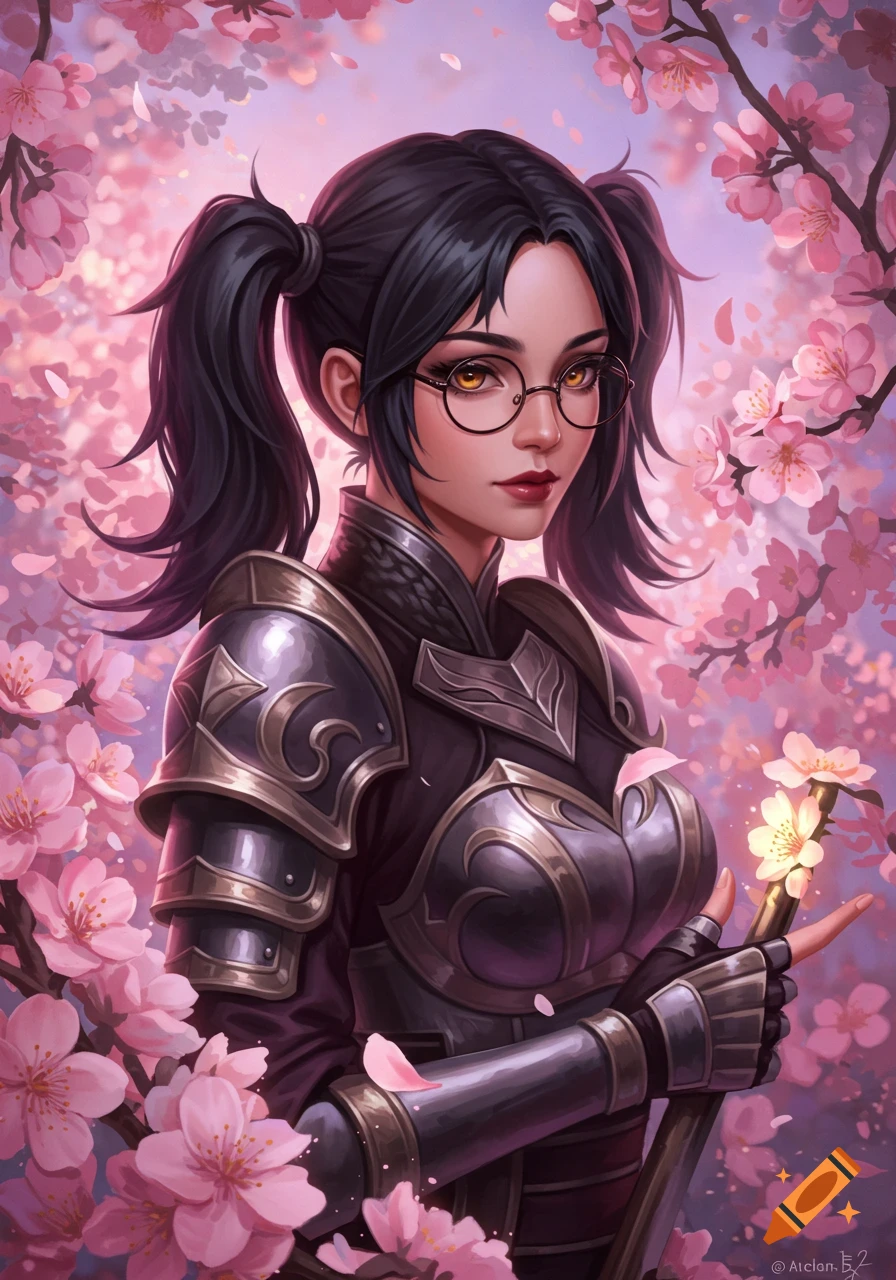 A woman with black pigtails and glasses wears fantasy armor among pink cherry blossoms.