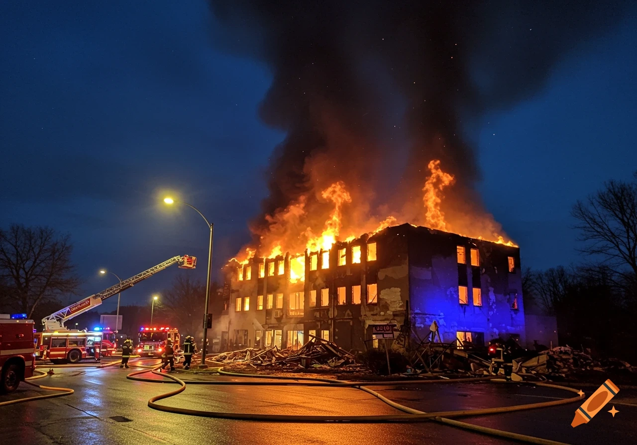 A large building is engulfed in flames at night with firefighters battling the blaze.