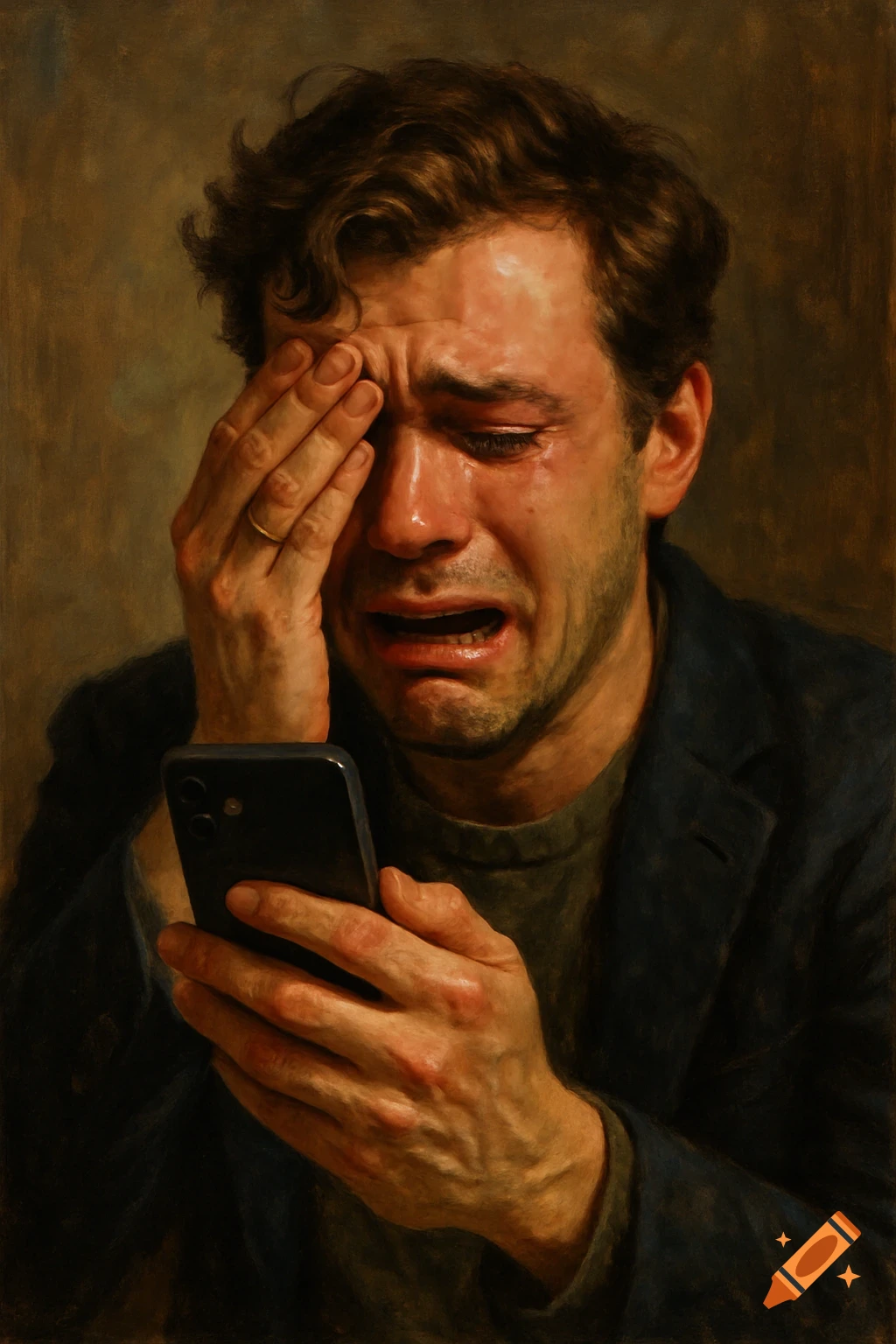 Painting of a man with his hand over his face, crying while looking at his phone.