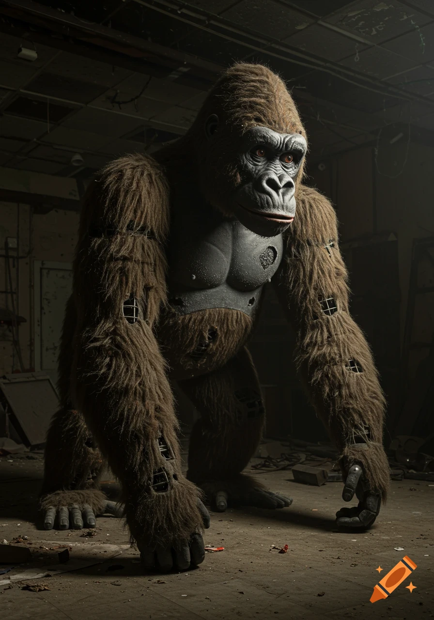 A weathered gorilla animatronic stands in a derelict building.