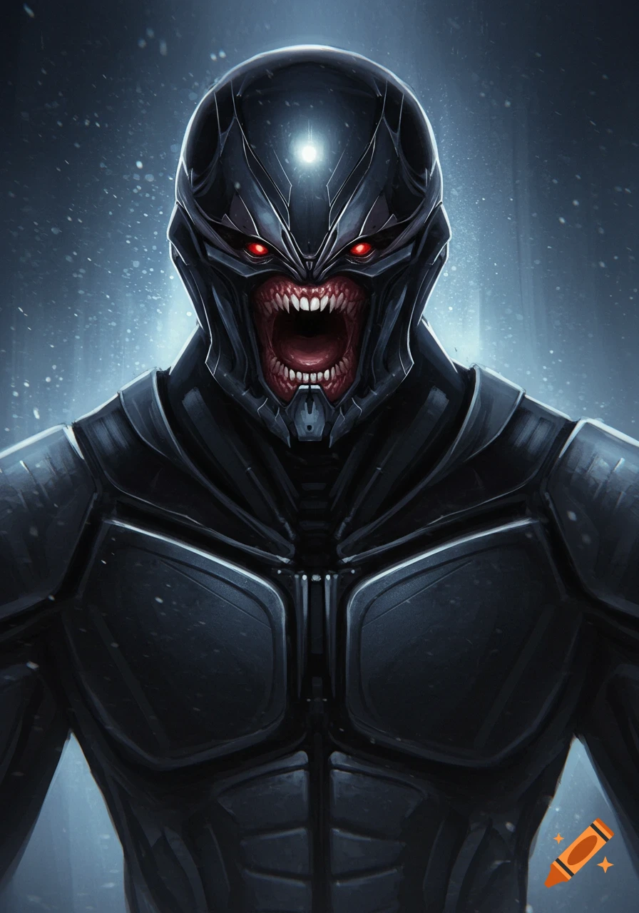 A terrifying sci-fi villain in a dark suit and helmet with glowing red eyes and sharp teeth.