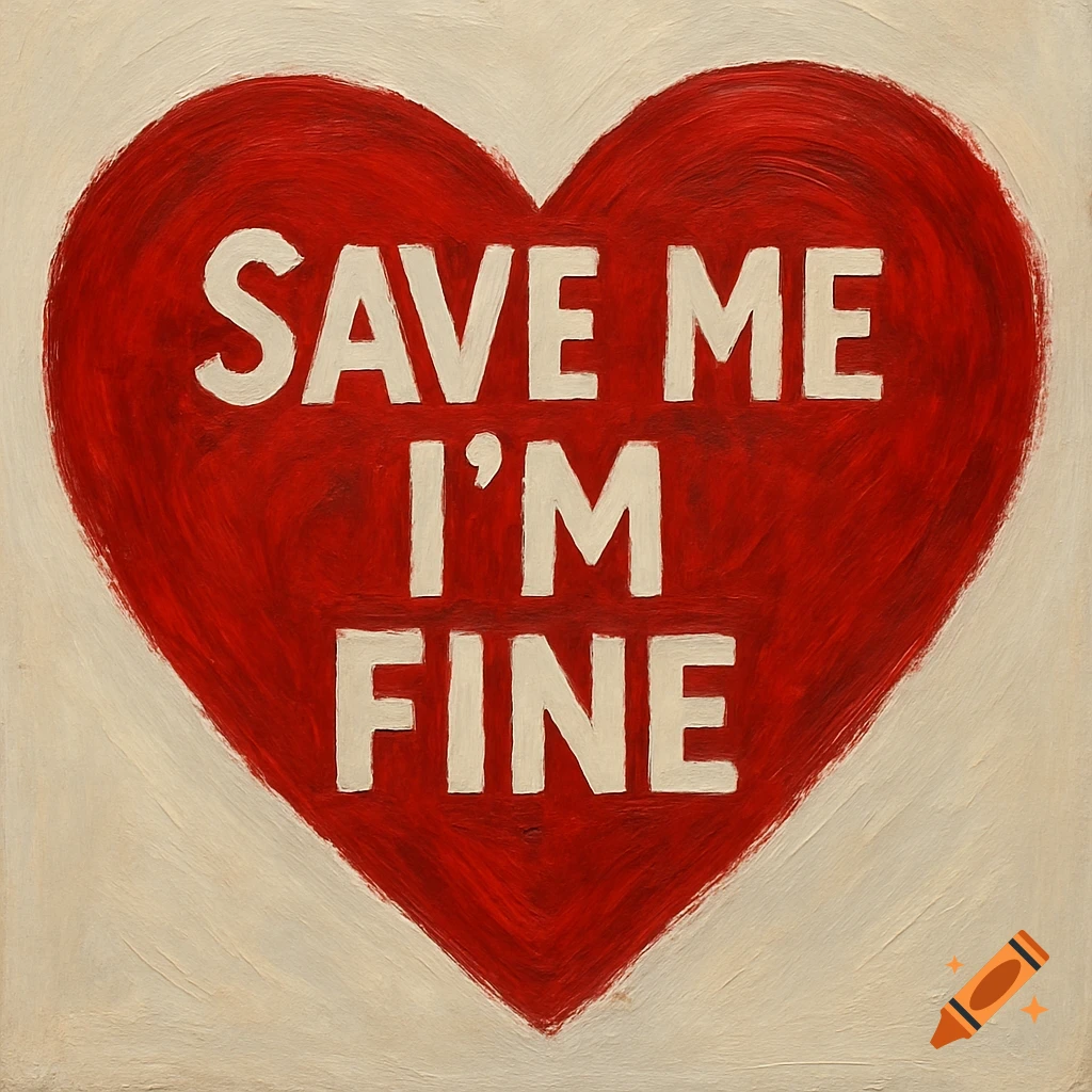 Red painted heart with white text 'SAVE ME I'M FINE' inside
