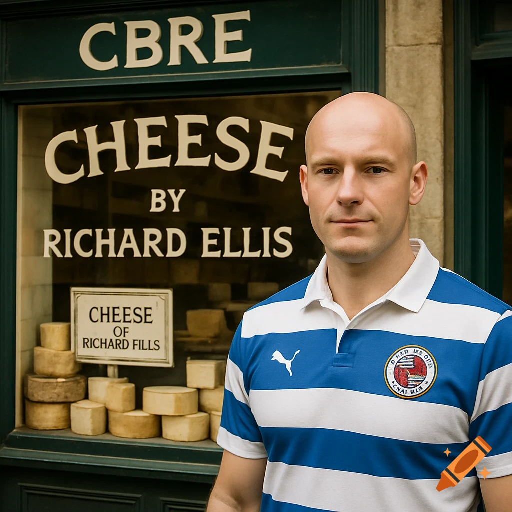 A bald man in a blue and white striped Reading FC shirt stands outside a cheese shop. The window sign reads "CBRE CHEESE BY RICHARD ELLIS".