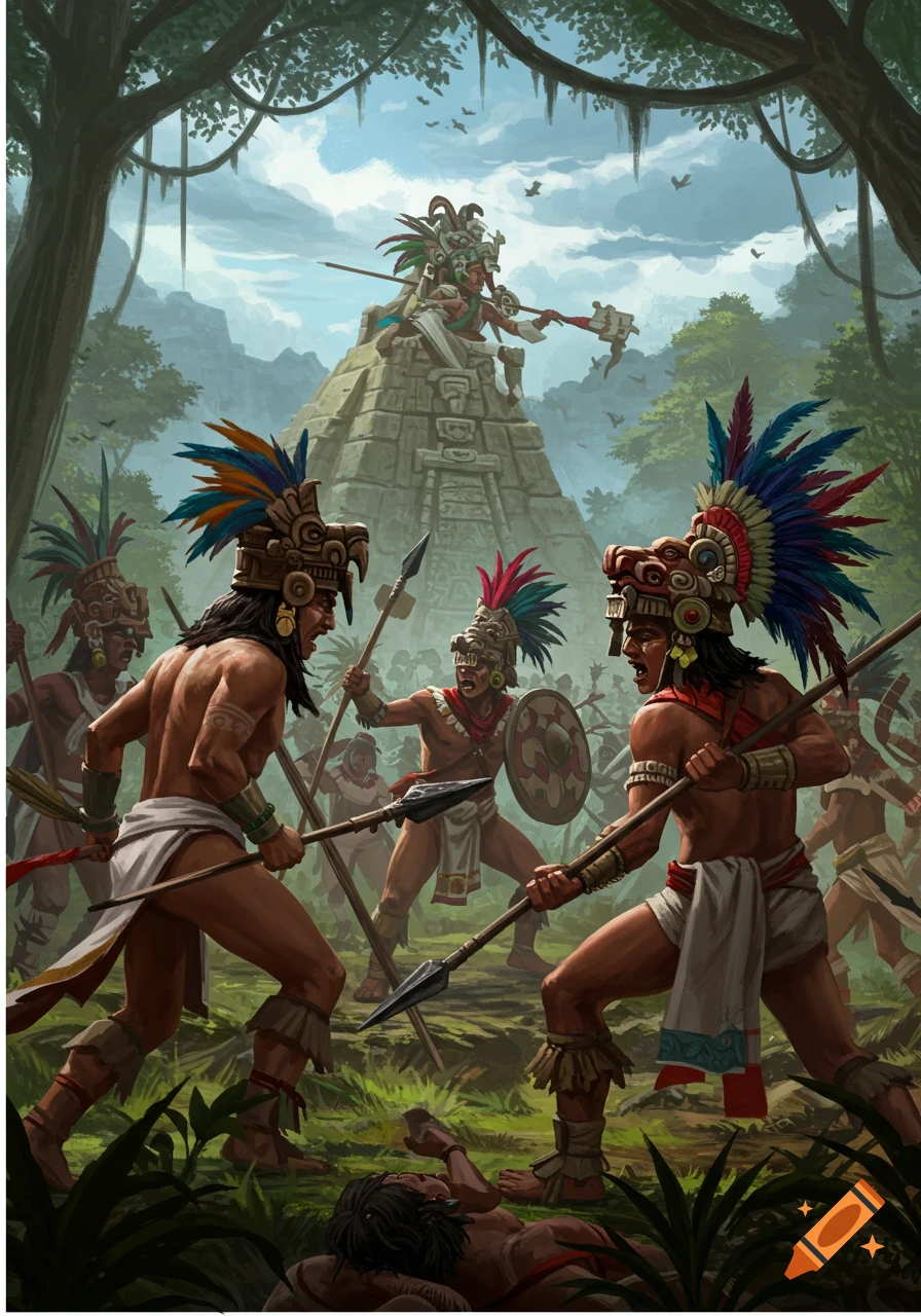 Mayan warriors battle with spears near a pyramid in a jungle, digital painting style.