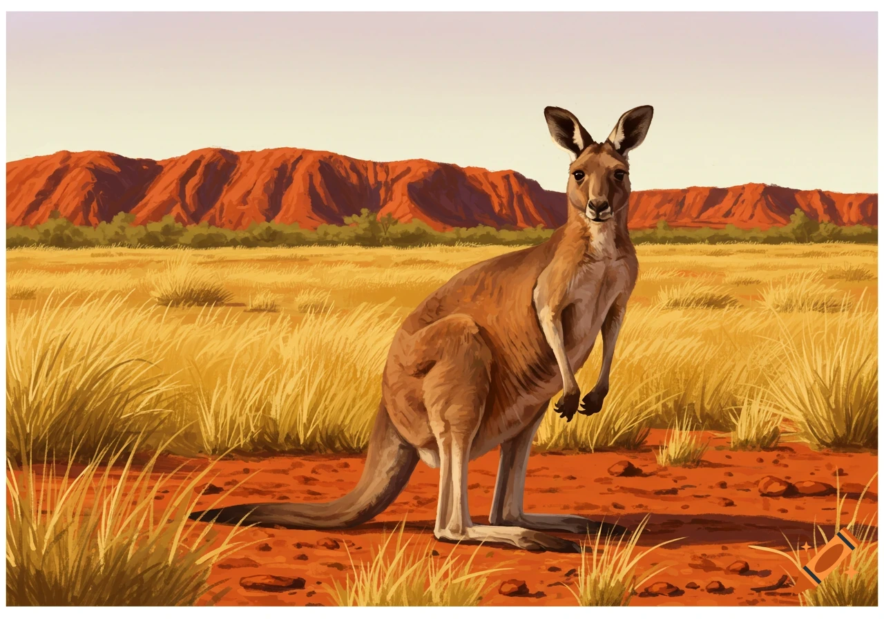 A kangaroo stands in a grassy Australian landscape with red rocks in the background. Illustration style.