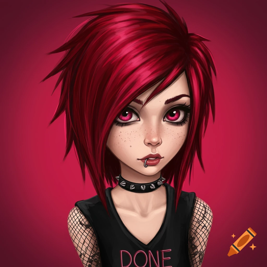 Stylized illustration of an emo girl with bright red hair and piercings wearing a spiked collar and fishnet top, standing against a red background.
