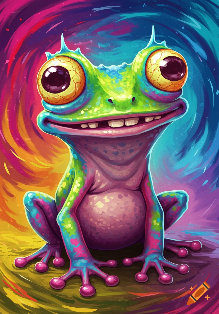 A cartoonish frog with big eyes and a wide smile in a vibrant, colorful, swirling style.