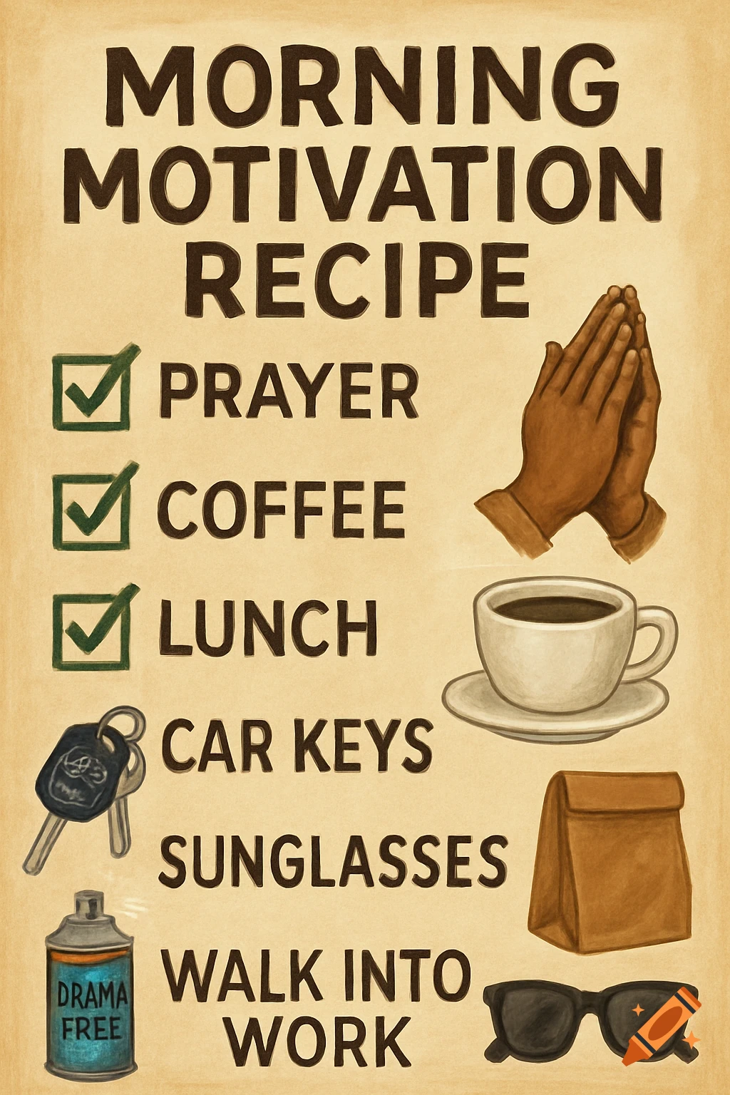 A list titled "Morning Motivation Recipe" with items like prayer, coffee, lunch, keys, sunglasses, and a drama free spray can, with checkmarks.