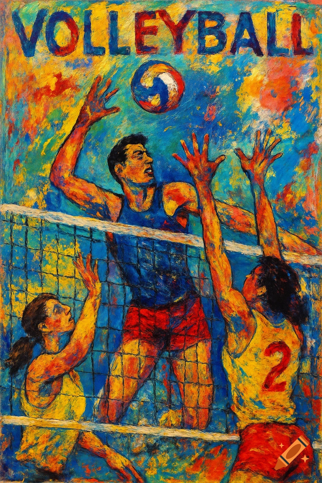 Colorful painted poster of volleyball players competing at the net, with 'VOLLEYBALL' text at the top.