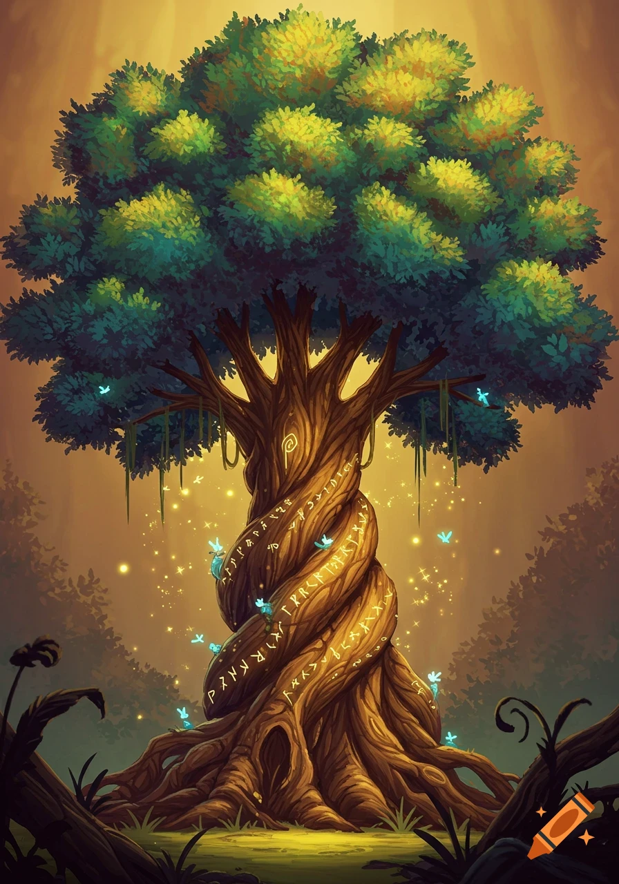 Twisted magical tree with runes and glowing lights in a forest clearing, illustration style.