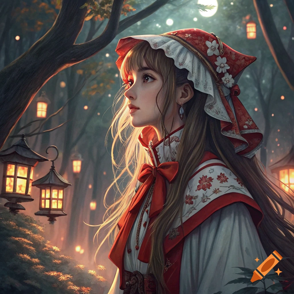 Young woman in red and white outfit and hat in a fantasy forest with ...