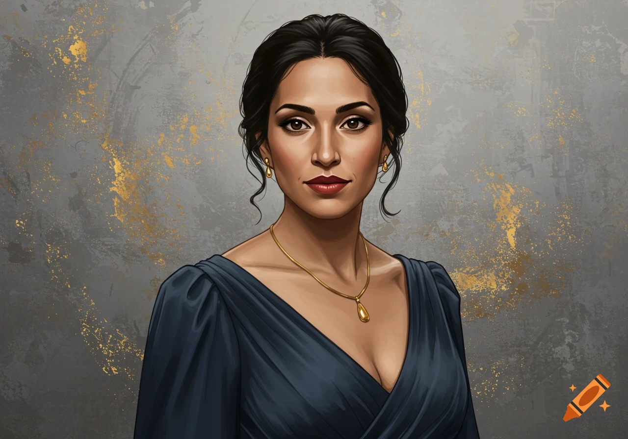 An elegant portrait of a woman with dark hair wearing a dark dress and gold jewelry, against a textured grey and gold background.